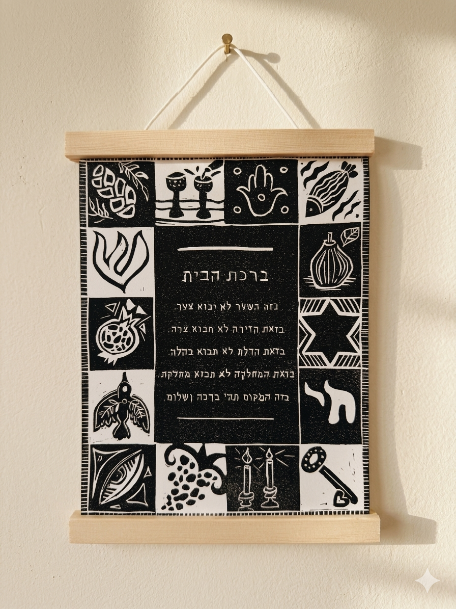 ברכת הבית מעוצבת |  הדפס אמנות מקורי בעבודת יד (עם מתלה עץ מגנטי)